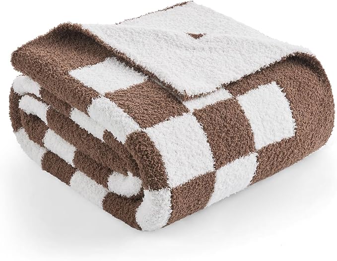 Snuggle Sac Checkered Bedding Blanket Twin Size 60x80, Super Soft Cozy Warm Knit Blankets, Reversible Breathable Lightweight Fluffy Throws for Sofa Bed, Checkered Brown, 60x80 Inches