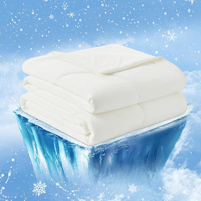 Cozy Bliss Cooling Comforter Twin Size, Cooling Blankets for Hot Sleepers and Night Sweats, Cream Summer Comforter for Twin Size Bed, Breathable Soft Lightweight Silk Smooth