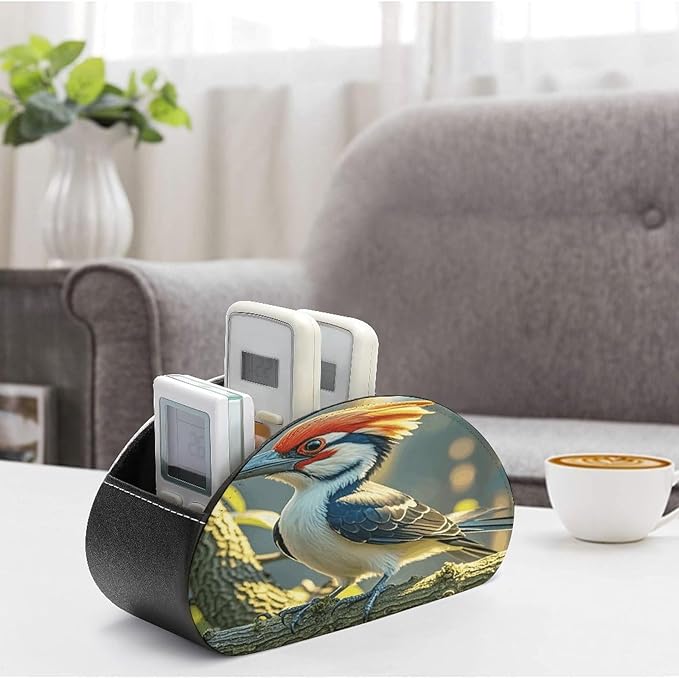 Cute Pileated Woodpecker Remote Control Holder Organizer Box with 5 Compartment PU Leather Bedside Storage Caddy Remote Organizer for Controller Media Player Pen/Pencil Storage