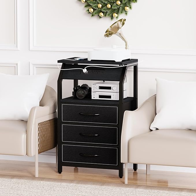 End Table with 3 Drawers, Nightstand with Charging Station and LED Lights, Small Fabric Dresser for Bedside, Storage Side Table for Living Room Dorm, Black