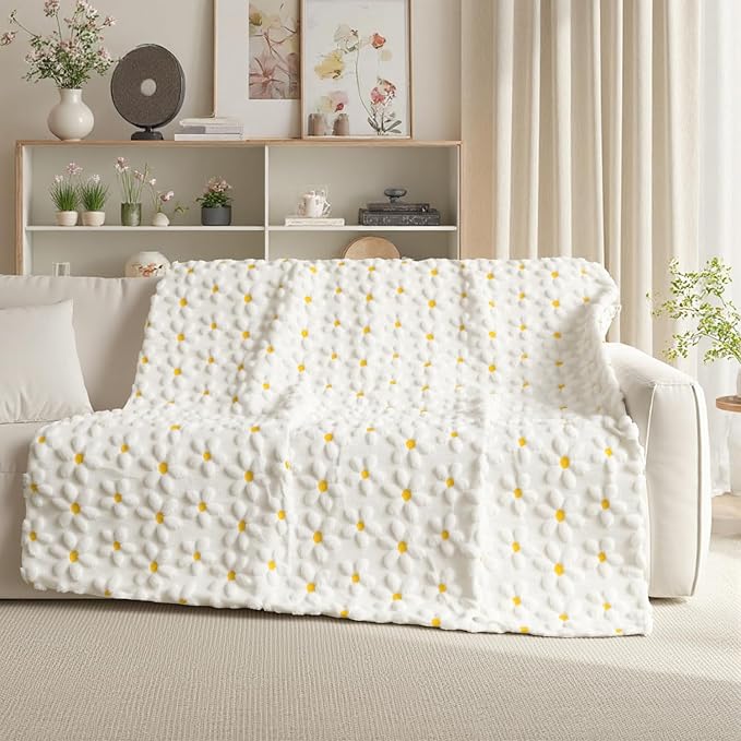 Horaldaily Spring Summer Throw Blanket, White Daisy Soft Fuzzy Plush Faux Fur Cozy Blankets for Couch Sofa Bed Lounging, Ideal Gifts for Kids Adults Wife Self, 60x80