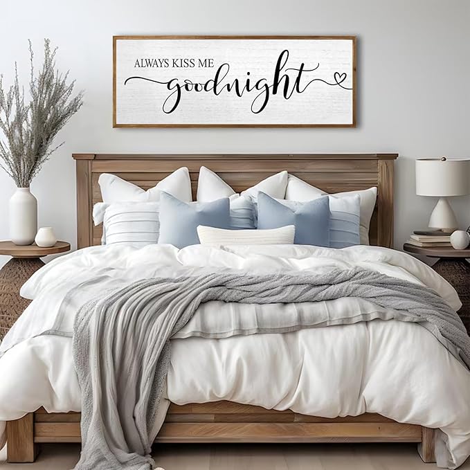 Always Kiss Me Goodnight Wall Sign 40''×15'' Vintage Master Bedroom Above Bed Farmhouse Wooden Framed Family Wall Decor for Larg Couples Over Bed Wall Art Decoration (Wood)