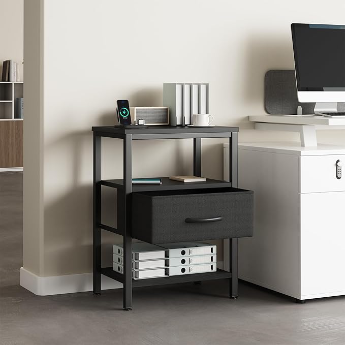 DUMOS Bedside Table with Charging Station and Adjustable Fabric Drawer Compact Nightstand 3-Tier Storage Organizer End Table for Bedroom,Black