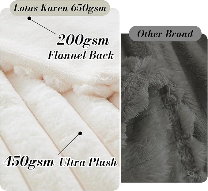Lotus Karen Faux Fur Throw Blanket - Stripe Faux Rabbit Fur Blanket for Couch, Cozy Soft Fluffy Fuzzy Blanket, Warm Thick Furry Plush Shaggy Small Blankets for Women, Cream White,50x60 Inches
