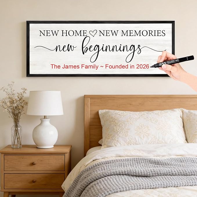 New Home, New Memories, New Beginnings Wall Decor Sign – 32x12 Inch Framed Wooden Sign with Writable Family Name & Year Space, Rustic Farmhouse Housewarming Gift for New Home, Entryway, Living Room, Black