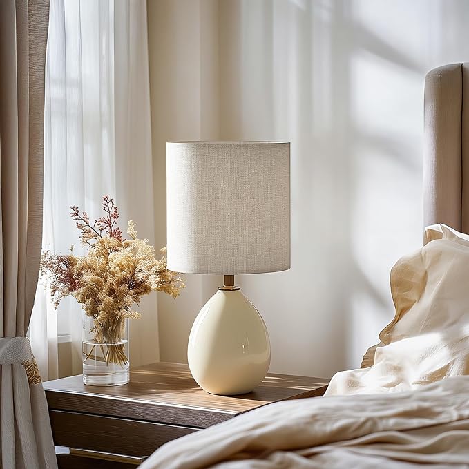 18.5" Table Lamps Set of 2 for Living Room Bedroom, Bedside Lamps for Night Stands, Desk Nightstand Lamp Dimmable, Modern Linen Cream Ceramic Lamps