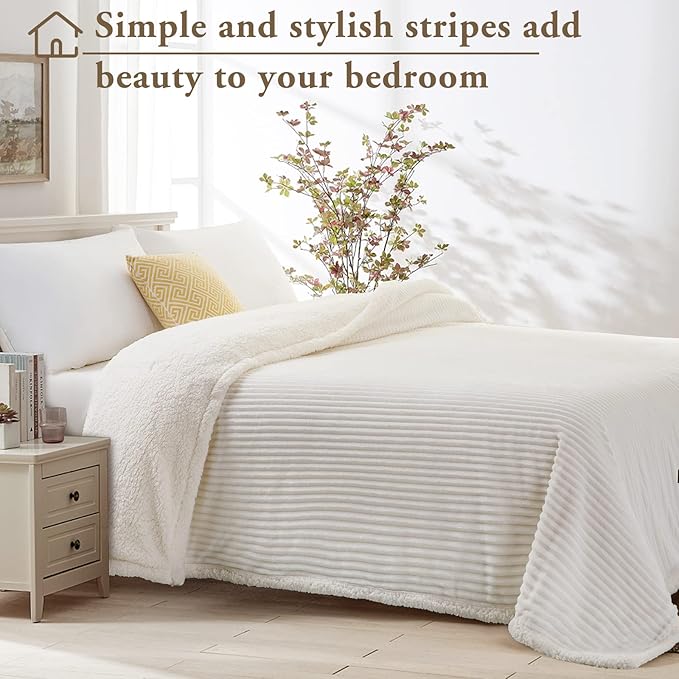 LBRO2M Striped Sherpa Fleece Bed Blanket Queen Size, Super Soft Fuzzy Plush Warm Cozy Fluffy Microfiber Couch Throw Velvet Double Reversible Luxurious Blankets (90x90),Ivory