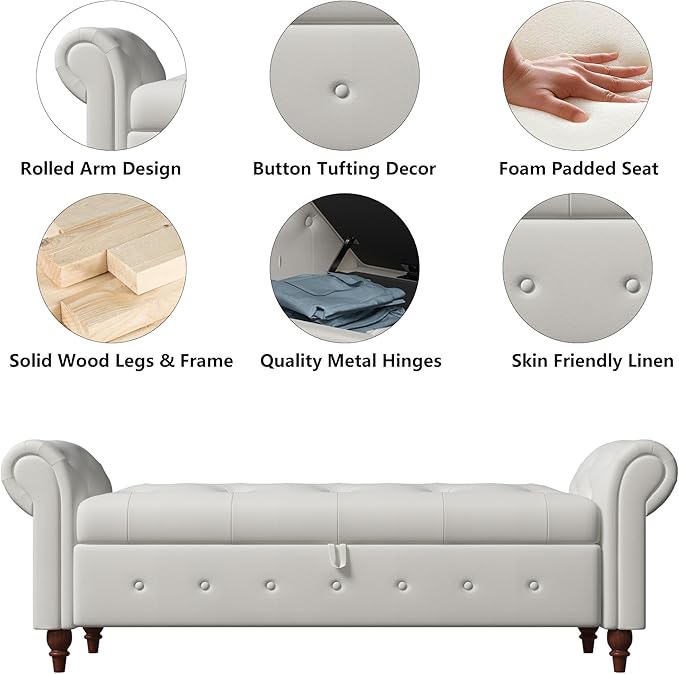 Aoowow Rolled Arm Storage Benches for Bedroom End of Bed Ottoman Bench 63" Long Bench with Storage and Seating for Living Room,Entryway,Window,Button Tufted with Solid Wood Legs (Linen Beige)