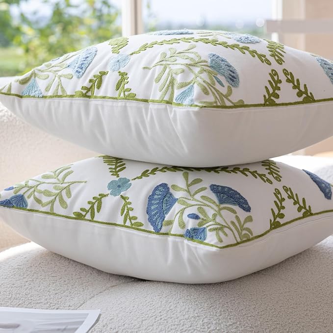 YIcabinet Pillow Covers Set of 2, Embroidered Blue Flower Pattern Throw Pillow Cover,Square Cotton Cushion,Pillow Case for Sofa Bedroom Couch,18"x18"