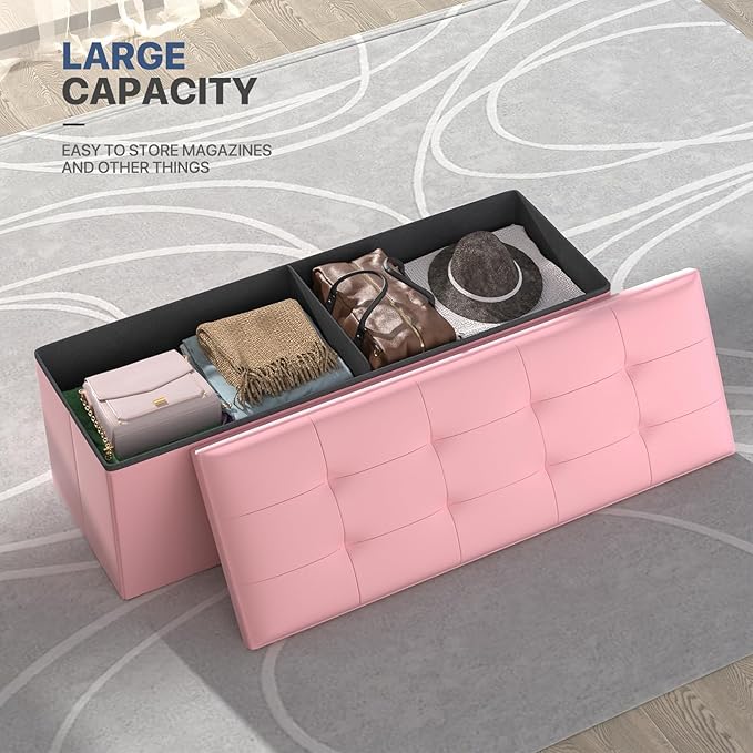 MoNiBloom 43 Inch Storage Ottoman Bench, 34 Gal. Folding Ottoman Footrest, End of Bed Bench, Rectangle Foot Stool, Supports 600 lbs, for Bedroom, Living Room, Entryway, Hallway, Light Pink