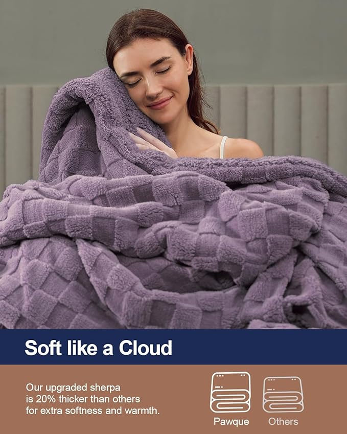 Pawque Super Soft Cozy Throw Blanket King Size for Couch Bed, Fluffy Sherpa Fleece Reversible Thick Warm Fuzzy Blanket for All-Season, 3D Checkered Jacquard Decorative Blankets, Purple, 108"x90"