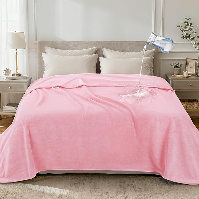 LOOBANI Waterproof Blanket for Bed: Reversible Leakproof King Size Bed Blankets 85" x 108", Soft Flannel & Coral Fleece Bed Blanket Water Resistant for Couch Sofa Cover, Travel, Movie Time, Pink