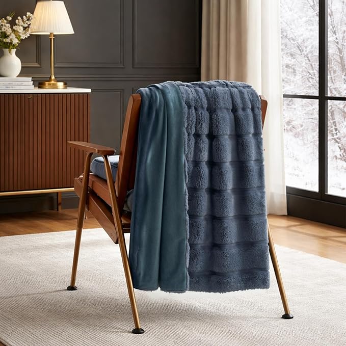 Cozy Bliss Deluxe Sheared Rabbit Faux Fur Throw Blanket, Soft Fuzzy High-Low Sculpted Plush Blanket for Couch, Cozy Home Accent, All Season Use, Blue 50"x60"