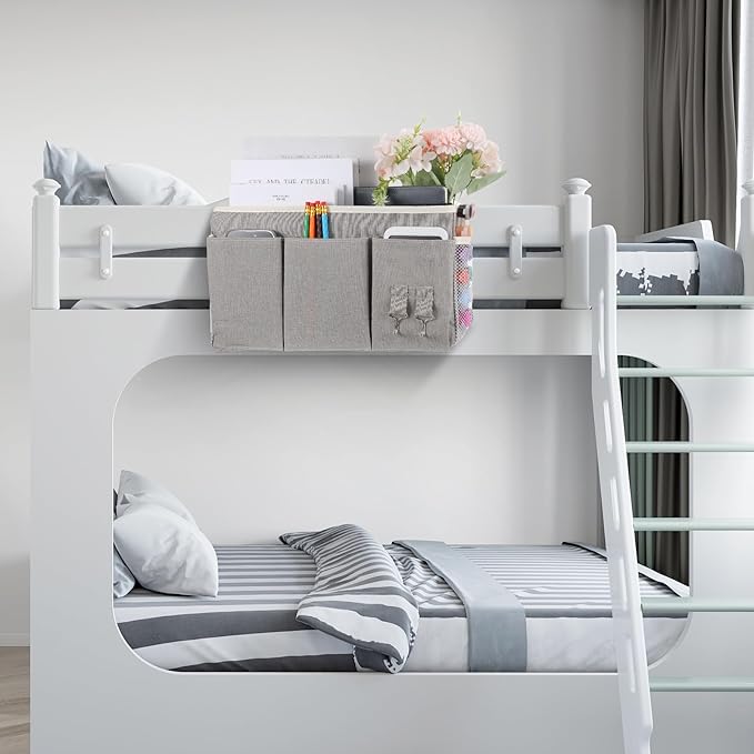 2 Pcs Bedside Caddy, Hanging Storage Organizer with Pockets for Bunk Beds, College Dorm, Bed Rails, Holds Books, Phones, Glasses, Keys, Gray