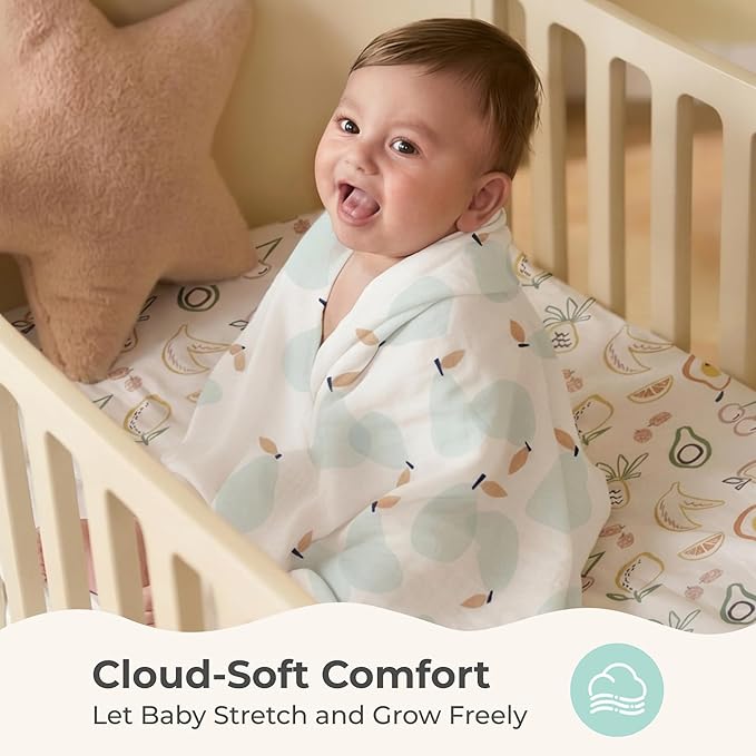 Momcozy Muslin Swaddle Blankets, 4-Pack Breathable and Skin-Friendly Receiving Blankets, Best Wishes Swaddle Blanket Shower Gifts & Baby Registry Essentials, Large 47"x47", Fruits Party