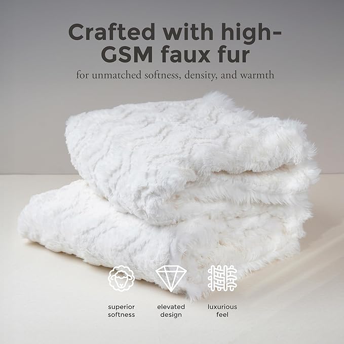 Mon Chateau 60" x 70" Crest Faux Fur Throw, Plush Luxury Blanket for Couch, Sofa, or Bed, Soft Reversible Throw Blanket for Sleeping, Home & Room Decor, Ivory Jacquard