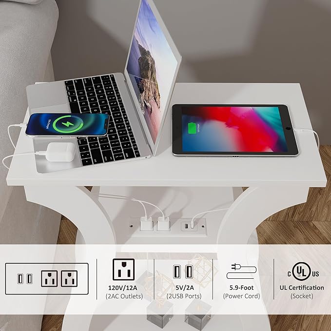 End Tables Living Room, White End Table with Charging Station,White Side Table, Nightstand for Bedroom, 3 Tier End Table with Storage Shelf for Living Room