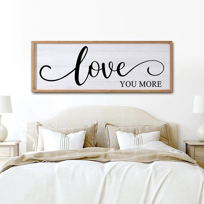 Love You More Decorative Rustic Sign & Plaque Framed Wall Art for Couples, 40''×15'' Vintage Cottagecore Wooden Horizontal Love Quote Home Decor Above Bed for Living Room, Farmhouse Wedding Gift