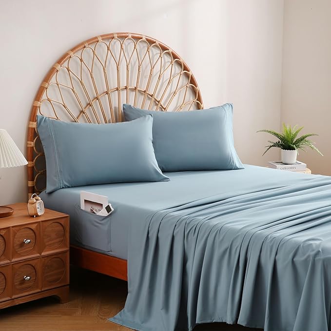JSD Blue Full Sheet Set with Side Pocket Corner Straps, 4 Piece Soft Microfiber Bed Sheets Extra Deep Pocket