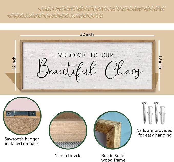 comurdyo Welcome To Our Beautiful Chaos Sign 32"X12" for Farmhouse Living Room Wall Decor Home Rustic Large Family Wood Framed Wall Art Plaque Hanging (Wood)