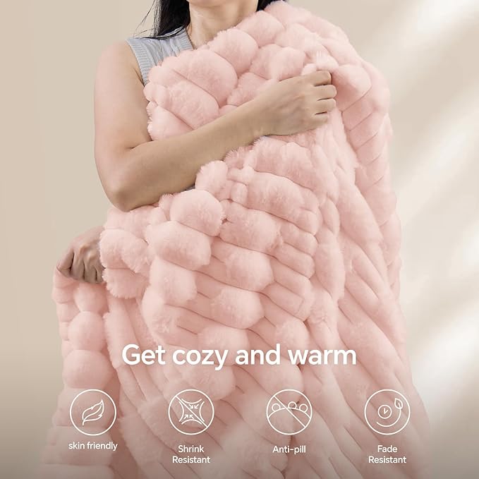 BEDELITE Faux Fur Twin Blanket for Couch - Super Soft & Cozy Plush Striped Blanket for Sofa and Room Decor, Luxury Fluffy All-Season Blankets Gift for Women, Men, Mom, Dad, 60x80 inch, Pink