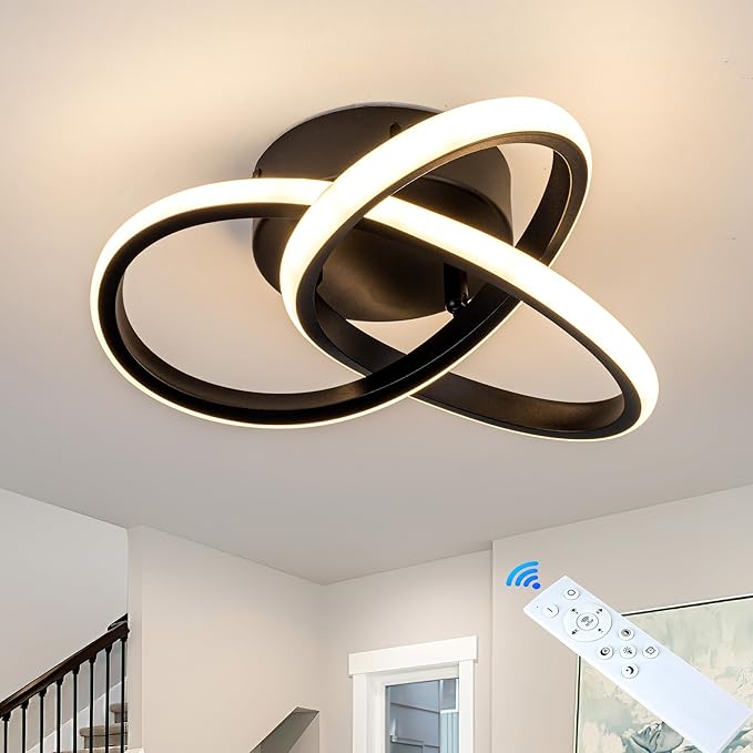 10 Inch Modern Ceiling Light, 24W LED Dimmable Ceiling Light with Remote Control, 3000-6000K Color Temperature Adjustable, Black Small Chandelier for Bedroom, Entryway, Hallway, Kitchen