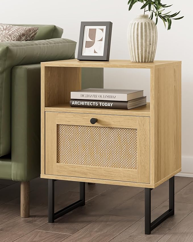 Masupu Extra Large Rattan Nightstand,Modern Boho Farmhouse Wood Bedside Table with Storage Drawer and Open Shelf, Black Frame Side End Table for Bedroom,Living Room,Office (Natural)