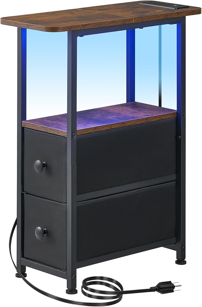 Narrow End Table with Charging Station, Narrow Side Table with Drawer, Small Nightstand with LED Light, Skinny Nightstand, Small Bedside Table for Living Room, Bedroom, Couch, Rustic Brown