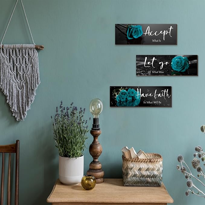 ZINYAZHE 3 Pcs Teal Wall Decor Inspirational Teal Bathroom Decor Wooden Rose Art Turquoise Office Decoration With Accept Let Go Have Faith Quotes For Women Bedroom Living Room(16 X 5 Inch)