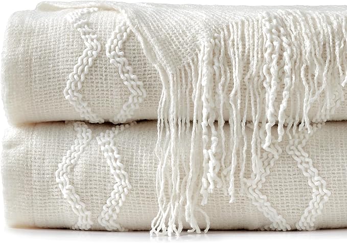 BOURINA Fluffy Chenille Knitted Fringe Throw Blanket Lightweight Soft Cozy for Bed Sofa Chair Throw Blankets, Off White 50" x 60"