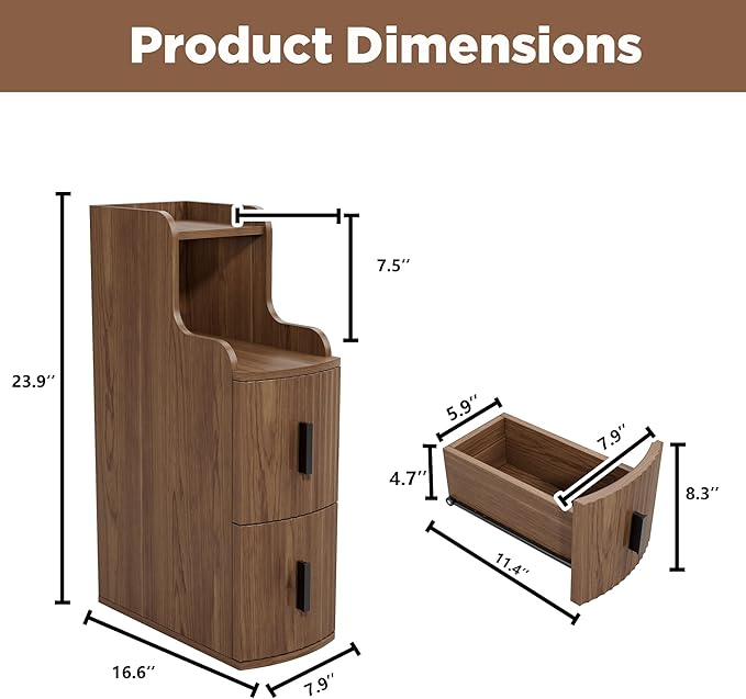 Skinny End Table with 2 Storage Drawers for Living Room Office Slim Side Table Mini Small Nightstand Narrow Beside Table for Sofa Bedroom (1, Walnut)