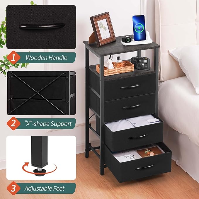 Yoobure Night Stand - LED Nightstand with Charging Station, Bedside Table with 4 Fabric Storage Drawers and Storage Shelf, End Table with USB Ports and Outlets, Tall Dresser for Bedroom