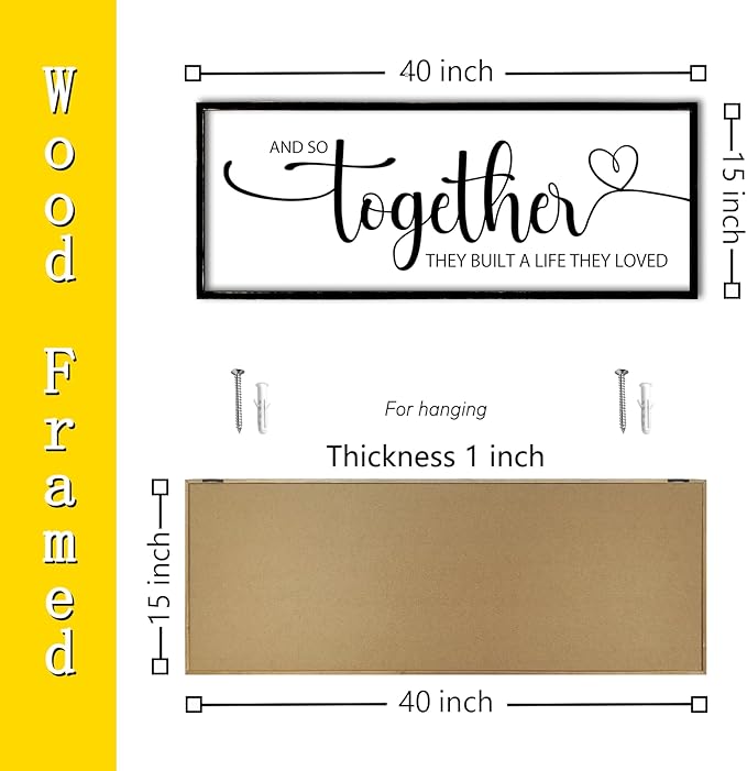 And So Together They Built A Life They Loved Sign Wall Decor 40"x15" Above Over Bed Master Bedroom Large Wood Framed Wall Hanging Art (Black)