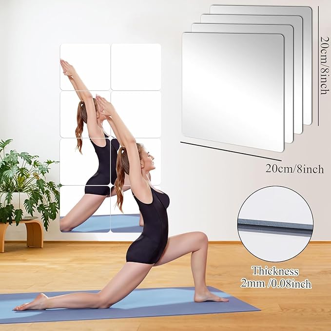 JUNEBRUSHS 18Pack Self Adhesive Acrylic Mirrors, 8 x 8 Inch Mirror Tiles Decor,Frameless Over Door Mirrors Sheets Wall Stickers for Wall Mounted Make Up Gym Dressing