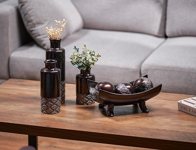 Creative Scents Dublin Brown Centerpiece Bowl With 3 Matching Orbs – Coffee Table Decor with Sphere Balls for Living Room Dining Room Table - Decorations for Home Decor - Mantle House Decor