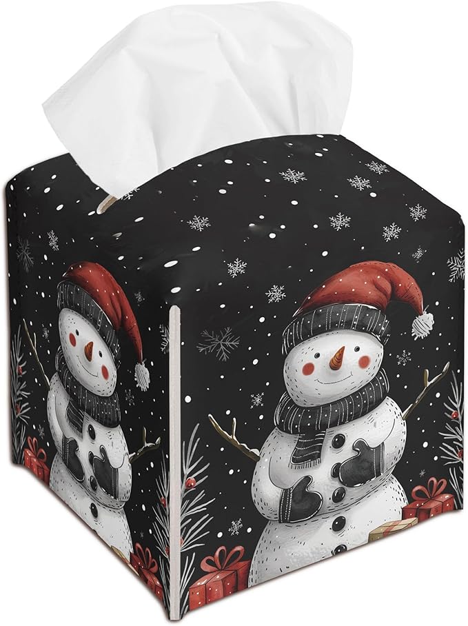 Black Christmas Snowman Tissue Box Cover Holder, Snowflake Leather Tissue Box Cover Square, Xmas Gift Ideas for Family Friends, Bathroom Kitchen Car Office Home Table Decor(5.2 Inches)-B07