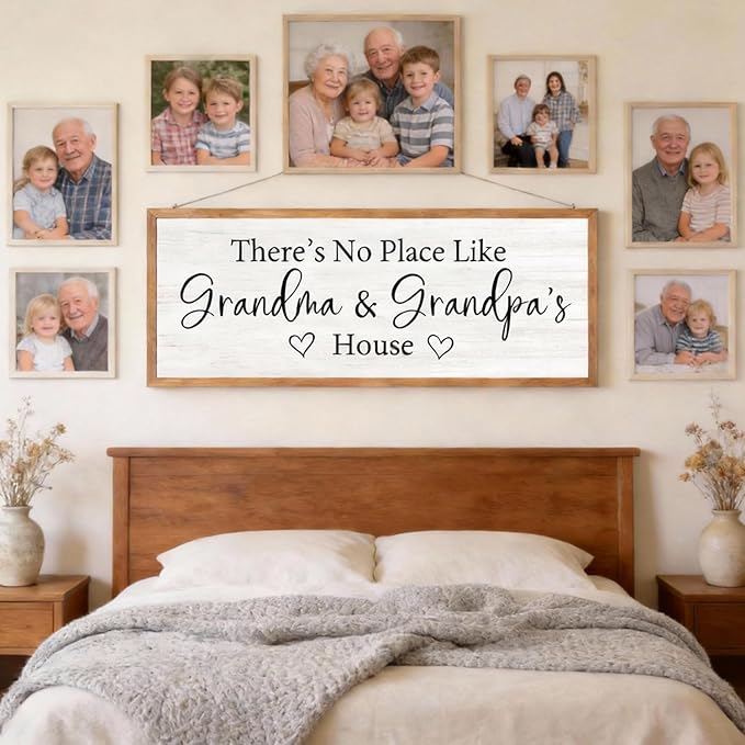 There’s No Place Like Grandma and Grandpa’s House Wall Decor: 32x12 Inch Framed Wooden Family Quote Sign, Rustic Farmhouse Wall Art for Grandparents’ Home, Living Room or Entryway, Natural