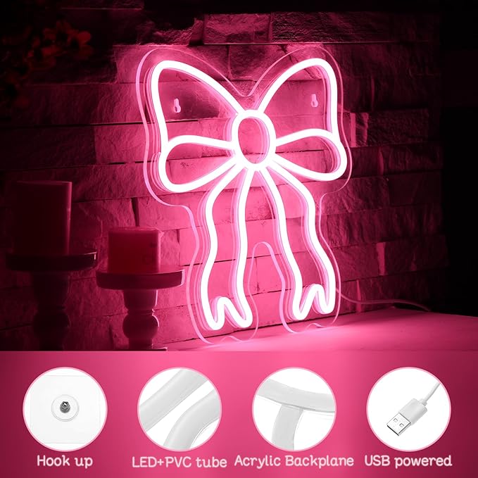Retisee Pink Bow LED Neon Sign Bedroom Women Room Neon Light Sign Coquette Aesthetic Home Wall Preppy Dorm Beauty Room Salon Decor Party Bar Decoration Gift for Her 11.8x11.8in