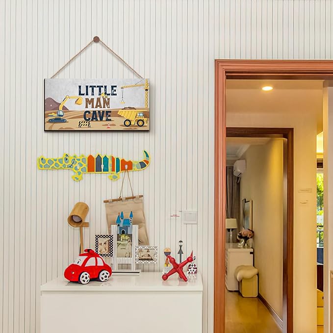 ZIEYOMI- Little Man Cave Sign Boys Room Decor, Construction Bedroom Decor Hanging Wall Art, Wooden Plaque Decorations for Nursery Boys Kids Toddler Playroom Living Room