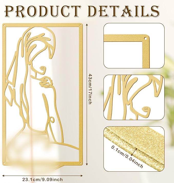 Peryiter 3 Pcs Modern Minimalist Wall Decor Abstract Metal Wall Art Metal Line Art Woman Body Artwork for Bedroom Bathroom Living Room(Gold)