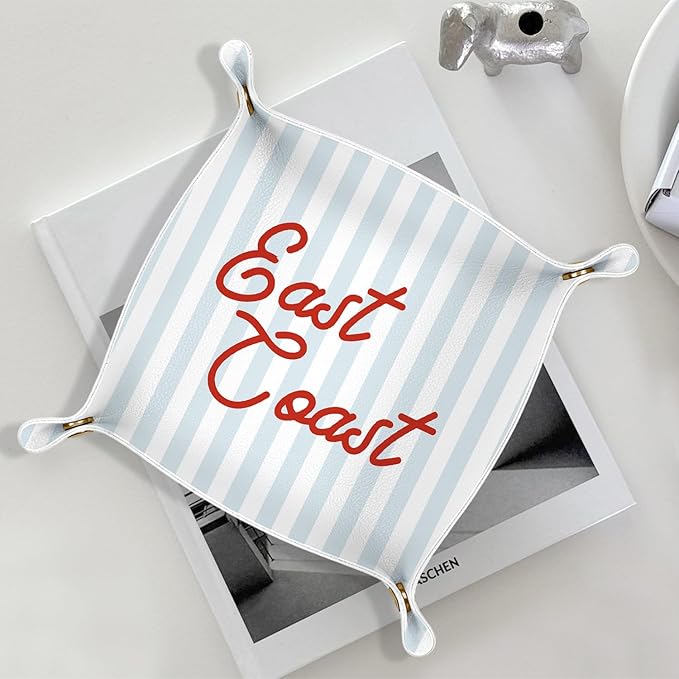 Coastal Cowgirl East Coast Jewelry Valet Tray for Women, Coastal Chic Beach Decor PU Leather Catchall Beside Caddy Nightstand Organizer Tray for Rings Watches Keys Accessories, 7.87x7.87in