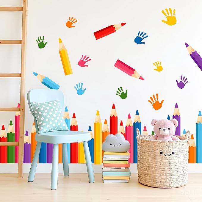 Colorful Pencils Wall Decals - 9 Sheets 47 Pcs Colored Handprint Pencil Wall Stickers Educational Peel and Stick Wall Decor for Back to School Classroom Playroom Living Room Nursery