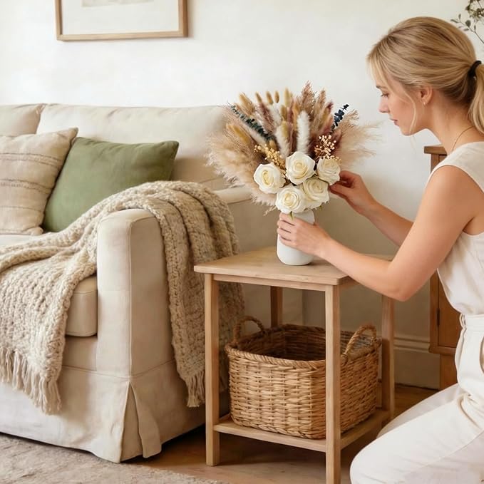 100pcs Artificial Flowers Arrangement with Vase, Fake Flowers Silk Roses in Vase, Coffee Table Decorations,Boho Dried Pampas Grass, Dining Table Decor, Floral Centerpieces for Tables, Centro de Mesa