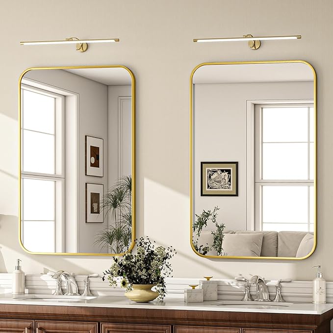 20x28 Inch Bathroom Mirror - Wall Mounted Vanity Mirror with Round Corner Aluminum Alloy Frame, Hanging Horizontally Vertically for Living Room, Bedroom, Hallway as Home Decor, Gold