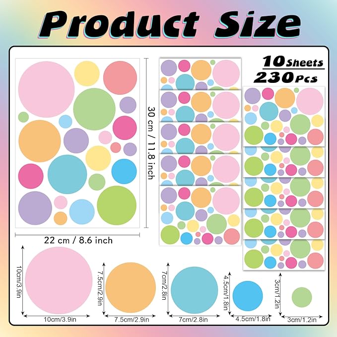 Colored Polka Dots Wall Decals - 12 Sheets 276 Pcs Removable Colorful Polka Dots Wall Sticker Peel and Stick Round Circle Wall Decor for Bedroom Playroom Classroom Nursery