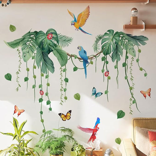 2 Sheets Jungle Wall Decals Peel and Stick Removable Vine Wall Stickers & Murals for Living Room Bedroom Vinyl Jungle Nursery Decor Tropical Wallpaper Green Plants Leaves Wall Decals with Parrot Birds