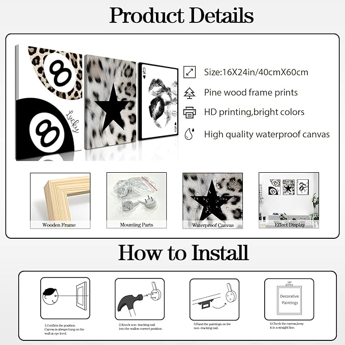 Trendy Leopard Wall Art Set of 3, Black and White Cheetah Wall Decor Paintings, Lips Star Lucky 8 Ball Poster Canvas Prints for Bedroom Living Room 16x24 inch Framed