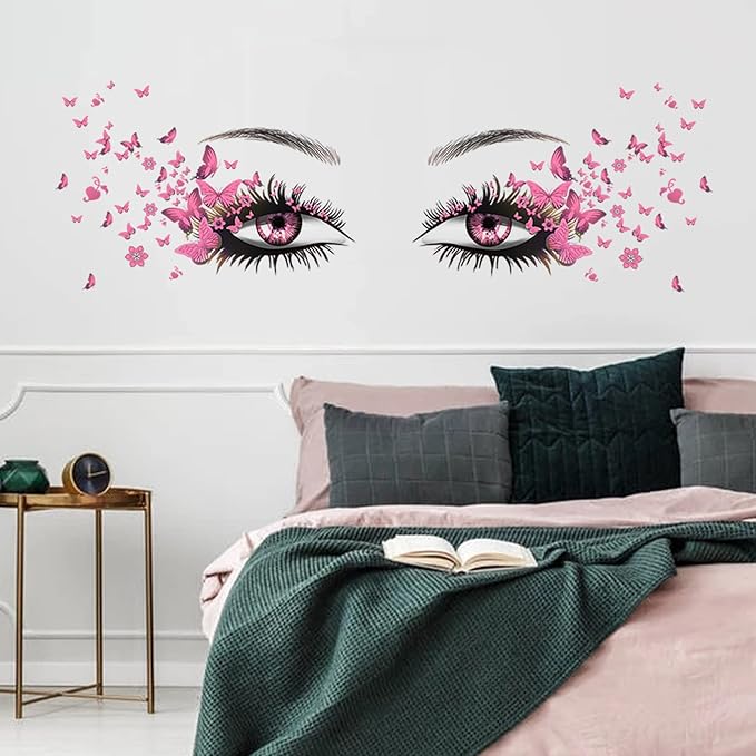 Beautiful Eyelash Eyes Wall Stickers Flying Butterfly Decals Girl Heart Decor Vinyl Art Butterflies Stickers for Women Girls Bedroom Living Room Decoration