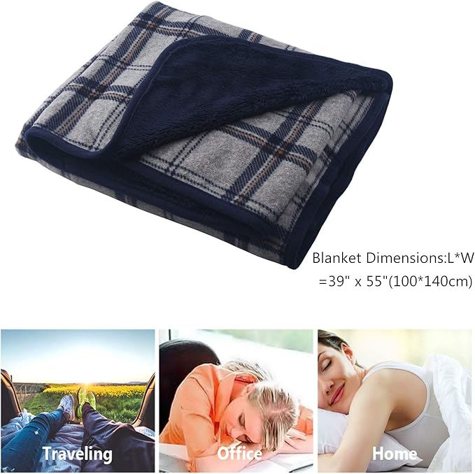 forestfish Fleece Wearable Blanket, Plaid Lap Blanket Comfy Poncho Throw with Buttons for Bed Sofa Office, Navy-Gray