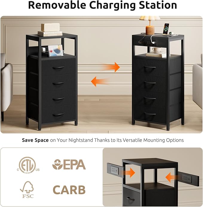 NightStand Bedside Charging Table Bedroom - Black Night Stand with Charger Station, Modern Bed Side End Table with Open Shelf & 4 Fabric Drawers, USB-C Port for Dorm Living Room